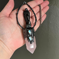 Scribe Angel on Rose Quartz and Rainbow Moonstone Necklace with Gunmetal Patina