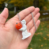 ***DISCOUNTED*** Hand Painted Ghost Holding a Jack O’Lantern Blow Mold Necklace *Varnish Coated*