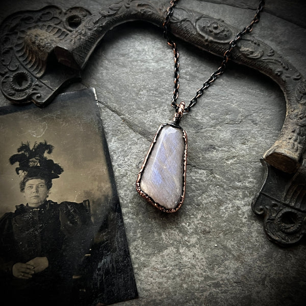 Blue Flash Peach Moonstone Copper Necklace