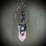 Scribe Angel on Rose Quartz and Rainbow Moonstone Necklace with Gunmetal Patina