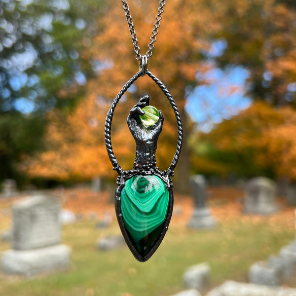 Zombie Hand and Uranium Glass Necklace with Malachite