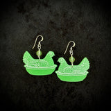 Glow in the Dark Hen Earrings with Uranium Glass