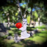 Hand Painted Ghost Holding a Jack O’Lantern Blow Mold Necklace *Resin Dipped*