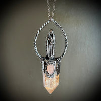 Cloaked Woman with Garden Quartz, and Peach Moonstone Necklace with Gunmetal Patina