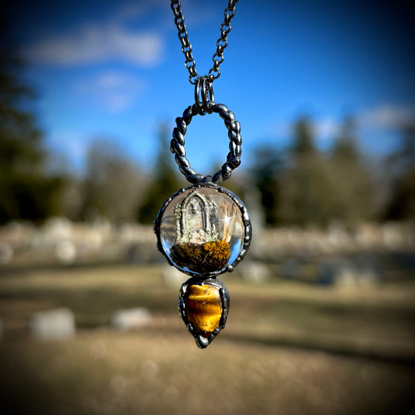 Small Burial Plot Necklace and Tigers Eye with Gunmetal Patina *Mockingbird Lane Exclusive*