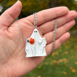 Hand Painted Byron Ghost Holding a Jack O’Lantern Blow Mold Necklace *Varnish Coated*