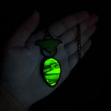 Uranium Glass and Green Billiard Ball Bat Necklace with Gunmetal Patina