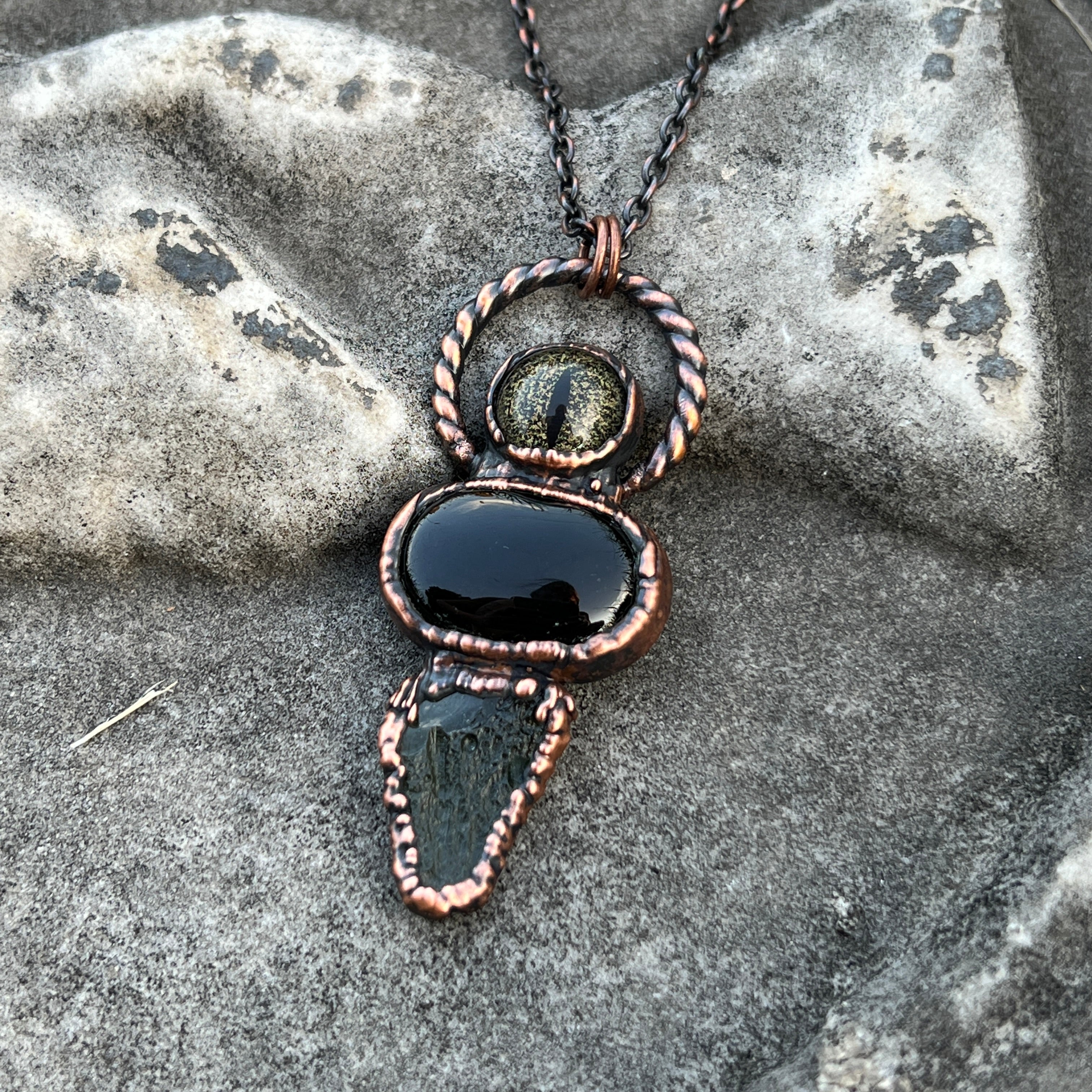 Moldavite and Black Onyx Copper Necklace with Glass Reptile