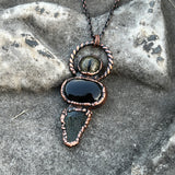 Moldavite and Black Onyx Copper Necklace with Glass Reptile Eye