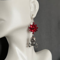 Red Holiday Bow with Skull and Crossbones Earrings