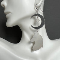 Large Moon and Wolf Statement Earrings with Moonstone
