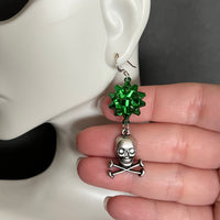 Green Holiday Bow with Skull and Crossbones Earrings