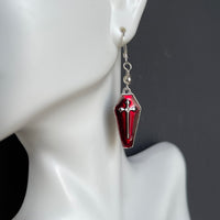 Red Enameled Coffin Earrings with Sterling Silver