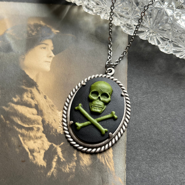 Green Skull and Crossbones Cameo Necklace