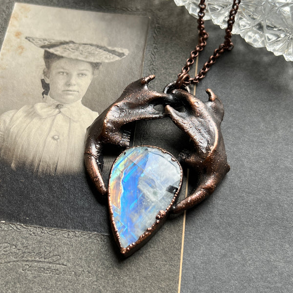 Muskrat Jaws with Rainbow Moonstone Copper Necklace