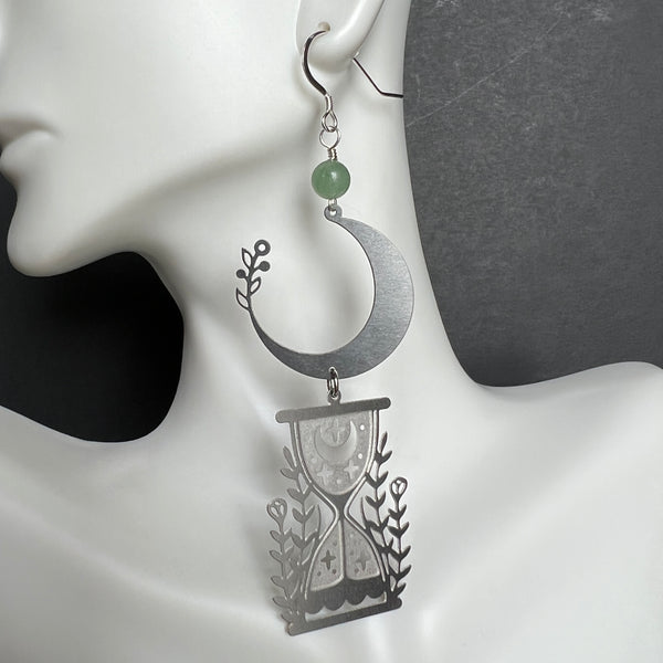 Crescent Moon and Hourglass Statement Earrings with Aventurine