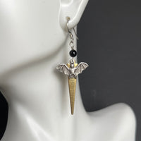 Raw Brass and Silver Plated Bat Earrings with Black Onyx