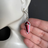 Red Enameled Coffin Earrings with Sterling Silver