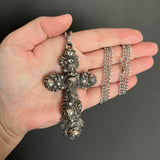 Large Sterling Floral Cross Necklace with Tiny Red Crystals