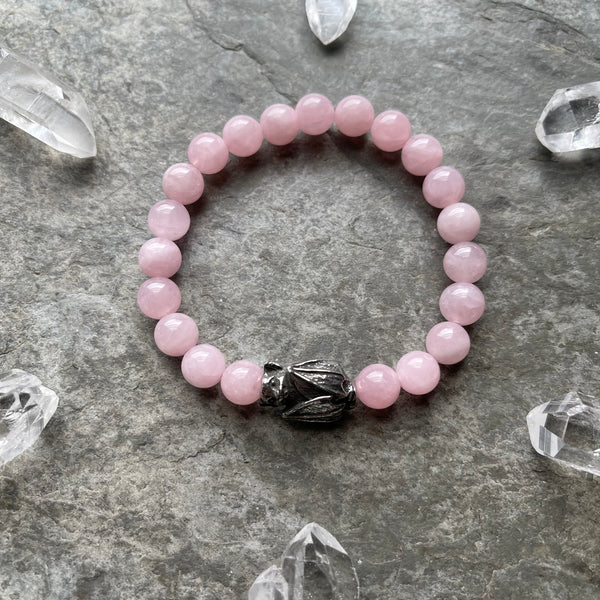 Rose Quartz with Pewter Bat Beaded Bracelet