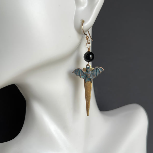 Raw Brass and Copper Verdigris Bat Earrings with Black Onyx