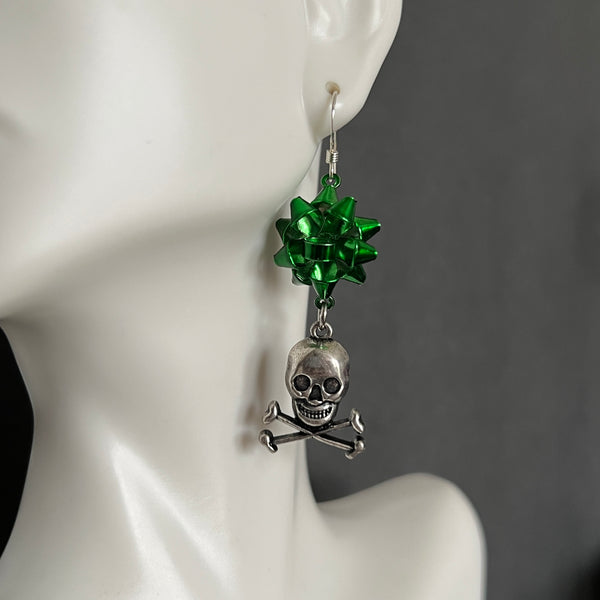 Green Holiday Bow with Skull and Crossbones Earrings