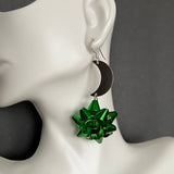 Green Holiday Bow with Crescent Moon Earrings