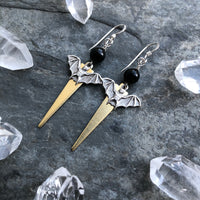 Raw Brass and Silver Plated Bat Earrings with Black Onyx