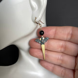 Raw Brass and Copper Verdigris Bat Earrings with Black Onyx