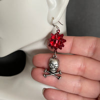 Red Holiday Bow with Skull and Crossbones Earrings