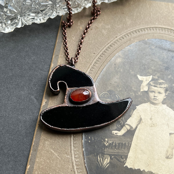 Black Obsidian and Carnelian Witch Hat Copper Necklace