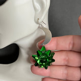 Green Holiday Bow with Crescent Moon Earrings