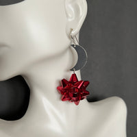 Red Holiday Bow with Crescent Moon Earrings